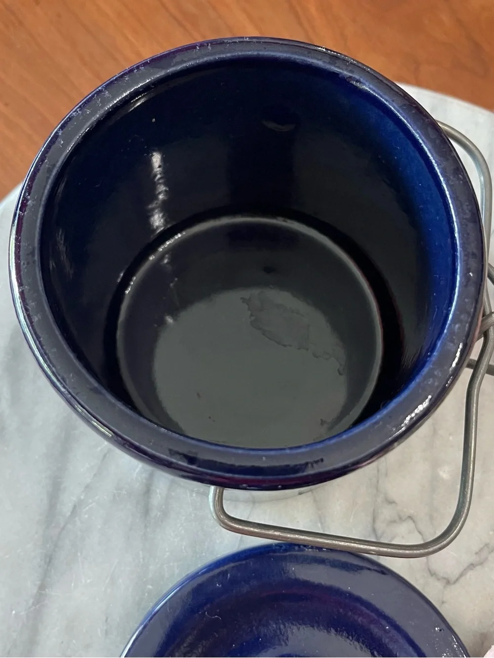 VTG Cobalt Blue Stoneware Cheese Crock w Wire Bail Lid, 1lb Med. Sz. Farmhouse